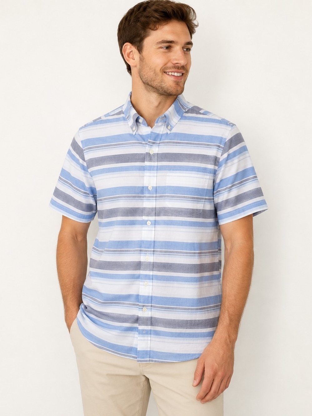 NWT Chaps Short Sleeve Button-Down Shirt Blue White Stripe Sz S/P Preppy Classic